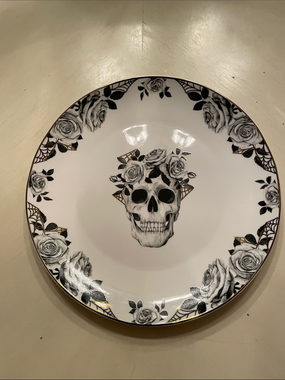 Porcelain Skull & Rose Dinner Plate in White and Black with Gold Rim